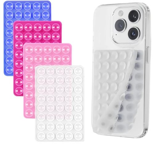 AUXHCYL 4 Stück Silikon Handy Doppelseitig, Saugnapf für Selfies & Videos, Halterung für Alle Handy-Modelle (Transparent, Schwarz, Rosarot, Saphirblau)