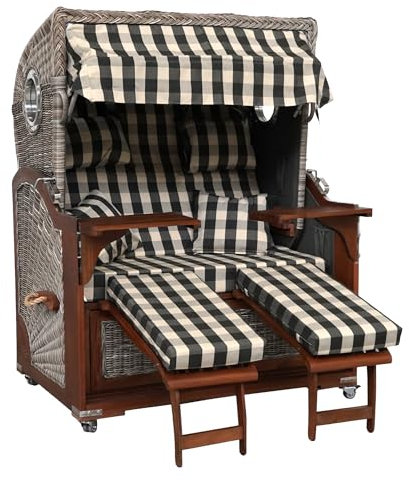 Webavita Strandkorb Bali Mahagoniholz | 2,5-Sitzer | Montiert | Geflecht Grau | Bezug Grau Kariert | Halblieger | Beach Chair für den Garten Terrasse Balkon