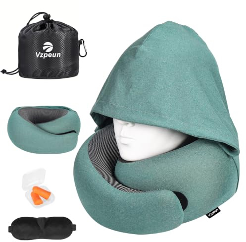 Vzpeun Travel Pillow - Hooded Neck Pillow Airplane Memory Foam Filling
