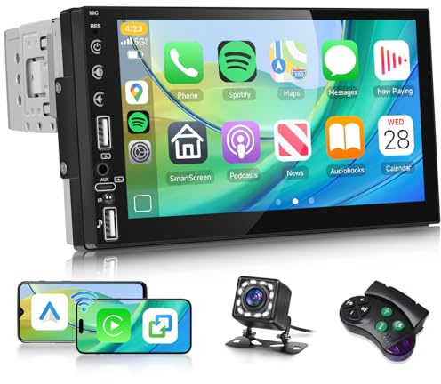 Hodozzy Radio de Coche 1 DIN con Inalámbrico Carplay Android Auto, Pantalla Táctil de 7 Pulgadas Radio 1 DIN con Bluetooth, Reproducción de Vídeo en Línea, Radio FM, EQ, USB/Tipo C, MirrorLink+Cámara