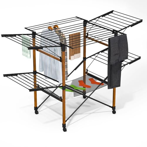 VOUNOT® Wäscheständer ausziehbar, Standtrockner mit Rollen & Wäschenetz, Flügel Wäscheständer Wäschetrockner, Trockenlänge 30m, platzsparend, klappbar, für Innen und Außen, 173x94x123cm, Schwarz