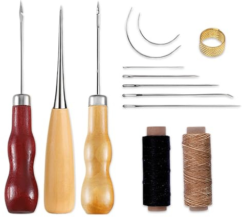 HMCEY Kit Ago e Filo Per Cucire Pelle,Set Cucito Pelle Mano,Filo Cerato Per Cuoio Con Aghi, Ditale e Punteruolo,Set de Riparazione Cucito,Sewing Kit Lavorazione Cuoio,Cucitura Pelles Cuoios per DIY