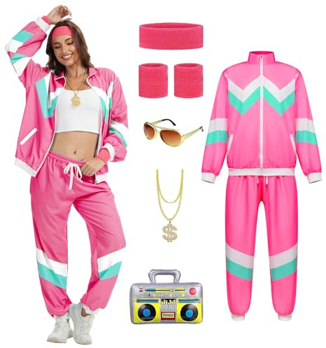 YRTBGD 80er 90er Jahre Outfit Damen,Retro 80er Jahre Trainingsanzug Jacke Hose Anzug mit Goldkette Aufblasbare Radio, Halloween Karneval für Damen (Rosa, XS)