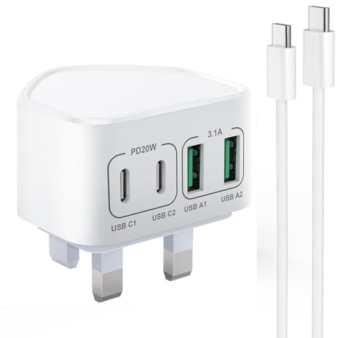 40W 4-Port USB C Plug Fast Charge with 60W 2M USB C Cable for iPhone 17 16 15 Pro Max Plus, iPad, Samsung Galaxy, Dual Port USBC Power Adaptor Type C Wall Plug