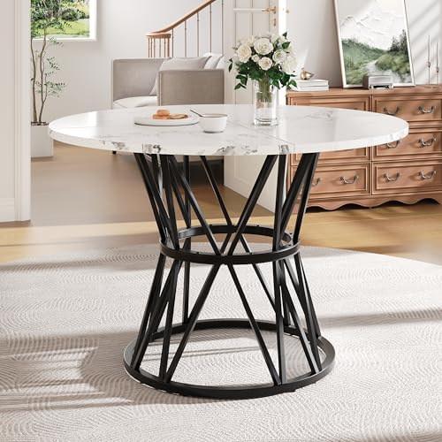 Merax Esstisch rund 100×100cm, Weiß Marmormuster Tisch für 4, MDF-Tischplatte, verstellbare schwarzen Tischbeine aus Eisen, für Wohnzimmer Küche Esszimmer, Weiß/Schwarz