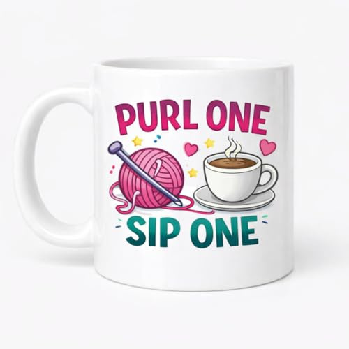 Brew Crew Gifts Purl One Sip One Knitting & Coffee Mug, 11oz White Ceramic, Dishwasher & Microwave Safe, Yarn and Needles Design