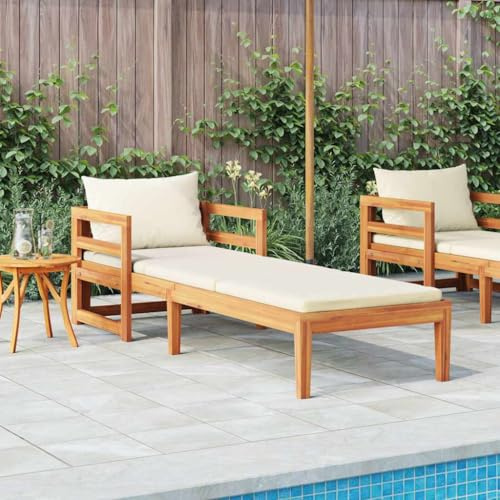 Owoxanthellate Sonnenliege Akazie 202 x 68 x 60 cm cremefarbene Auflagen Massivholz Gartenmöbel wetterfest Lounge Liege Mini Sofa für Terrasse Balkon Wintergarten Outdoor