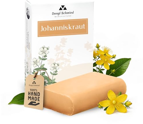 Dungl Schmied | Johanniskrautöl Seife | Handgemacht | 100g Seifenstück | Ohne Palmöl | Vegan | Naturseife mit natürlichen Inhaltsstoffen | Für alle Hauttypen