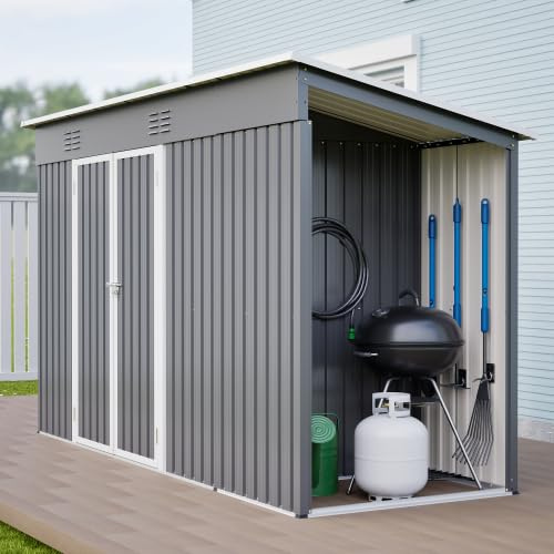 Metall Geräteschuppen 311x123x181 cm mit Doppeltür & Belüftung – Wetterfester Gartenschrank Inkl. Fundamentrahmen & Sicherheitsschloss – als Fahrradgarage & Mülltonnenbox nutzbar (Grau)