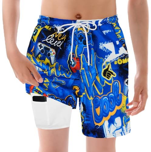Short de Bain Garcon, Shorts de Bain pour Enfant avec Compression, Maillot de Bain Garçons 2 en 1, Anti Poussière, Anti Sable et Protection Solaire,pour la Plage et Le Vélo, Motif Graffiti Bleu,150