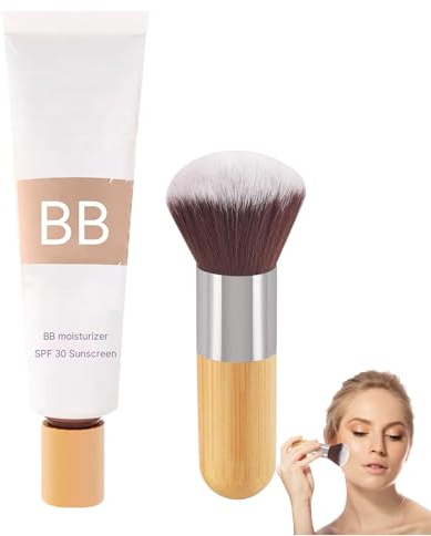 BB Blur Tinted Moisturizer SPF 30, BB Cream Tinted Moisturiser for Mature Skin, Smooth & Hydrate Foundation with Makeup Brush, Evens Skin Tone (Natural Color)