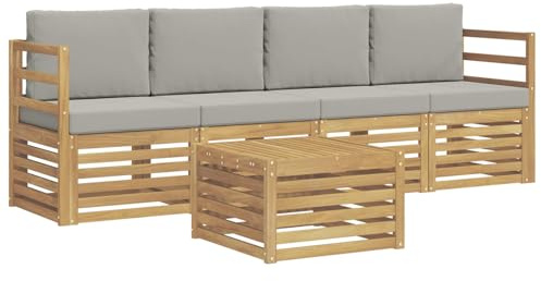 vidaXL Outdoor-Sofagarnitur 5 pcs Weiß und Hellgrau Polyester, Garten Lounge-Sofa, strapazierfähige Außensitzgruppe, modernes Terrassenmöbel, bequemer Wohnbereich