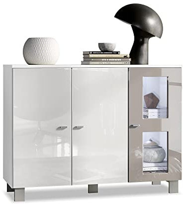 Vladon Sideboard Denjo, Made in Germany, Kommode mit 3 Türen, Weiß matt/Weiß Hochglanz/Sandgrau Hochglanz, inkl. LED-Beleuchtung (107 x 81 x 35 cm)