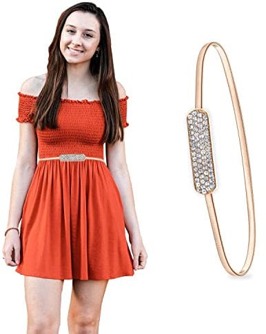 Trimming Shop (Rose Gold Stretch Waist Belt for Women, Crystal Diamante Encrusted Fashionable Buckle Extendable Waist Band, Metal Chain Waistband with Rhinestone Buckle for Jeans Pants, 30 Inches