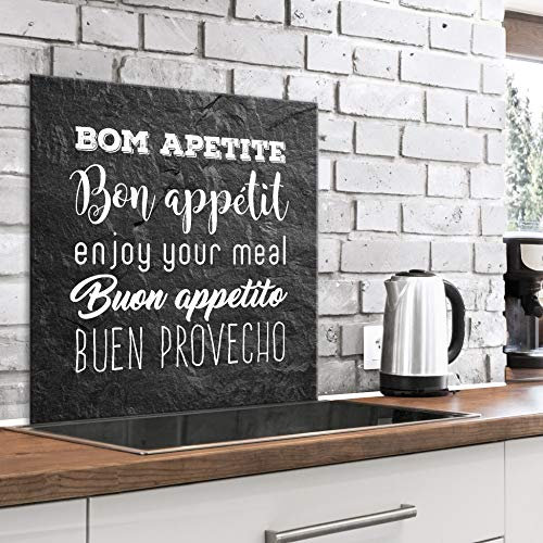 murando Spritzschutz Glas für Küche 60x60 cm Küchenrückwand Küchenspritzschutz Fliesenschutz Glasbild Dekoglas Küchenspiegel Glasrückwand Bon Apetite Guten Appetit schwarz weiß -