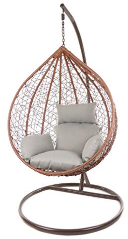 KIDEO Komplettset: großer Hängesessel mit Gestell & Kissen, Korbsessel, Poly-Rattan (Korb & Gestell: braun, Kissen: grau Nest (8010_Cloud))