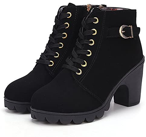 Remxi Stivaletti da donna con tacco alto e zeppa spessa con cerniera alla moda, Nero , 37 EU