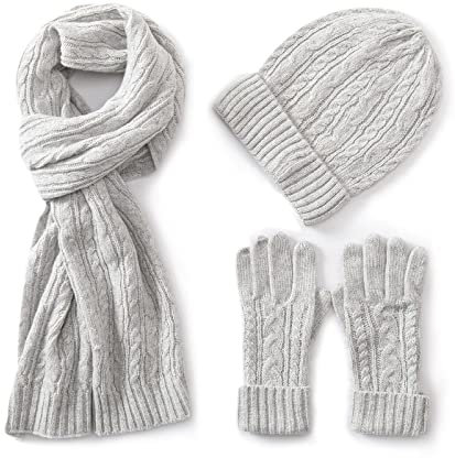 Villand 3 in 1 Damen Wolle Mütze, Schal & Handschuh Winter Sets, 3-teilige Zopfstrickmütze für Damen mit Geschenkbox (Grau)
