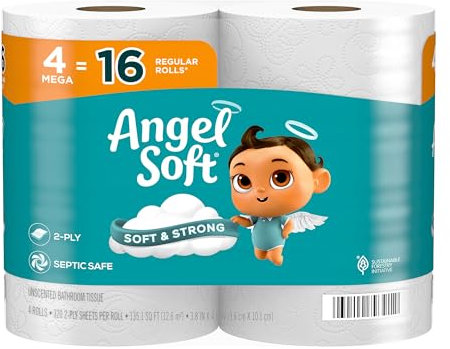 Angel Soft Toilet Paper, 4 Mega Rolls = 16 Regular Rolls, Soft and Strong Toilet Tissue