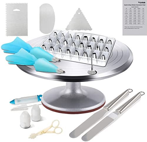Yizish Cake Turntable Aluminum Alloy & Piping Bags and Nozzles Set, Rotating Cake Stand Decorating Kits with Stainless Steel Cake Spatulas and Scrapers for Baking, Pastries and Cupcakes (39pcs)