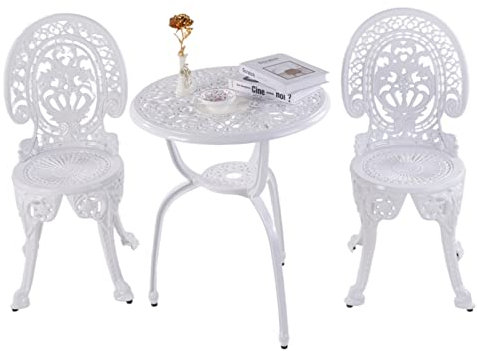 Kaili Terrassen-Bistro-Set, 3-teilig, Aluminiumguss, Terrassenmöbel, Outdoor, Garten, Metall, rostfrei, Tische und Stühle, Weiß, Bisrto-Set (Krone, Weiß)