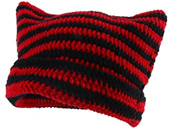 JERZO Katze Ohr Beanie Hut Häkeln Beanie für Frauen,gestreifte Häkeln Katze Beanie,Winter Warm Entzückende Y2k Zubehör (red and Black)