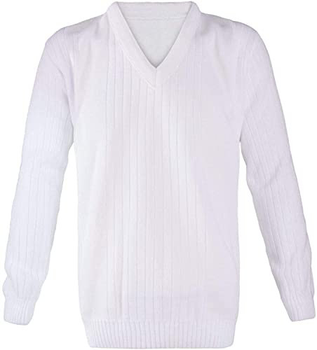 DIGITAL SPOT Mens Bowling White Knitted Ribbed Sweater Adult Sleeveless V Neck Lawn Bowl Top (Long Sleeve White 7G 2X-Large)