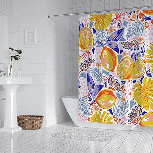 3D Duschvorhang 180x200 Zitrone Duschvorhänge Antischimmel Wasserdicht Badevorhang Zitrone Duschrollo für Badewanne Dusche Shower Curtains, 12 Duschvorhang Ringe