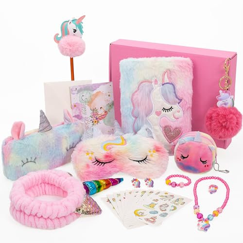 BTHRORO Licorne Cadeau Fille, Licorne Journal Bijoux Set Masque Sac à Main Trousse en Peluche Porte-clés Autocollants Noël Anniversaire Cadeau Thème Licorne pour Enfants