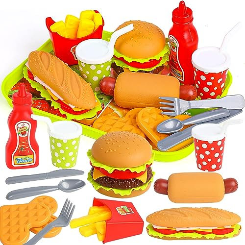 DERAYEE Set Cucina Giocattolo per Bambini - Hamburger, Hot Dog, Patatine - Accessori Cucina Regalo per Bambina