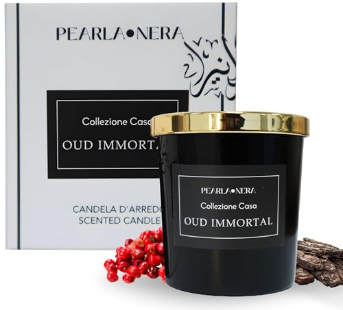 Oud Immortal Scented Soy Candle by Pearla Nera | Rose, Woody, Balsamic Aromatherapy | Pink Pepper, Lime, Saffron, Clove | Long-Lasting Candle Gift Set Amber Jar