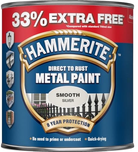 AMK® Hammerite Metal Paint 1L Smooth Silver Finish Anti Corrosion Direct to Rust, 826013