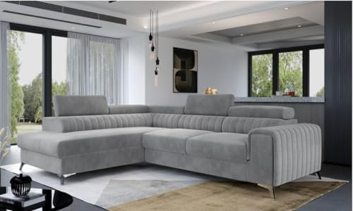 MSMFURNITURE LAURENCE CORNER SOFA BED PLUSH VELVET LEFT HAND/RIGHT HAND- GREY-LAURENCE CORNER SOFABED RIGHT AND LEFT HAND BOTH (Left Handed)
