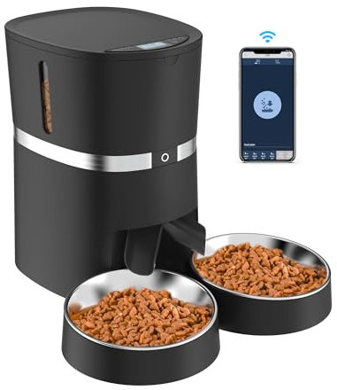 Automatic Cat Feeder, Smart Pet Food Dispenser with APP Control, WiFi Enabled Automatic Feeder for Dogs & Cats, Double Stainless Steel Bowls,6 Meals Portion Control and Voice Recording (S36D-B)