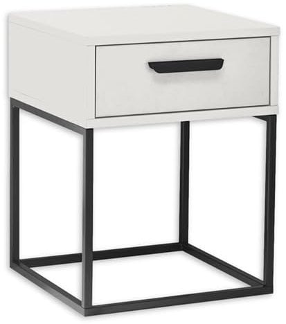 SUNA Nachttisch in Weiß - Moderner Nachtschrank mit Schublade und schwarzem Metallgestell - 40 x 52 x 38,5 cm (B/H/T)
