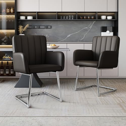 Merax Esszimmerstühle 2er-Set, Polsterstuhl aus Kunstleder mit Metallbeine, Armlehnstuhl für Büro, Wohnzimmer und Esszimmer, Schwarz