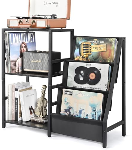 Bikoney Record Player Stand with 3-Tier Vinyl Record Storage for Up to 200 Albums, End Table