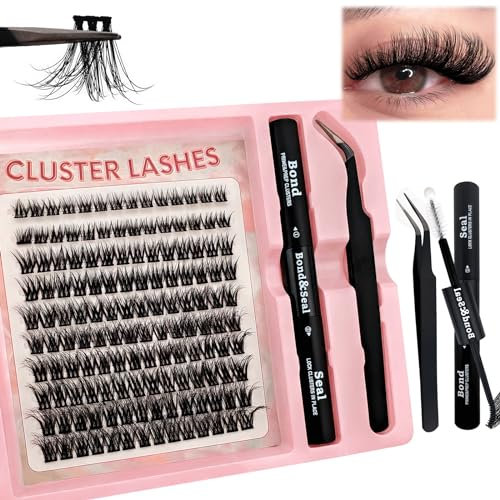 140 Pcs DIY Extensions de Cils Set 8-16mm Mixte Cils Moelleux Unique Faux Cils Individuels Cluster avec colle à cils et pince à épiler pour débutants Réutilisable Touffes de Cils (14Z)