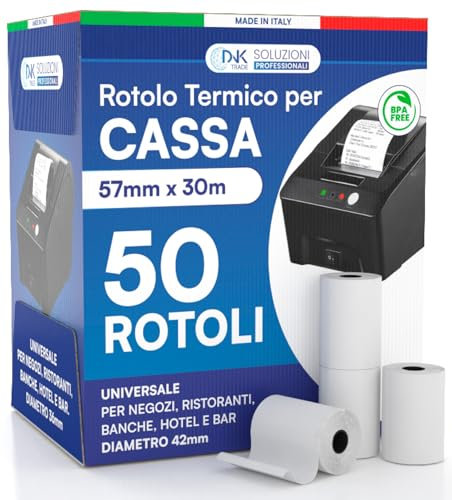 Rouleaux thermiques pour enregistreurs de caisse – 50 rouleaux de papier thermique approuvés 57 mm x 30 m universel de haute qualité avec diamètre 42 mm sans BPA – Compatible avec Nexi Axerve Ingenico