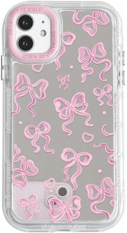 NITITOP Compatible with iPhone 11 Case Cute Mirror Bow Love Heart Pattern for Women Girls Ribbon Design Shockproof Silver Protective Phone Cover - Pink Bow