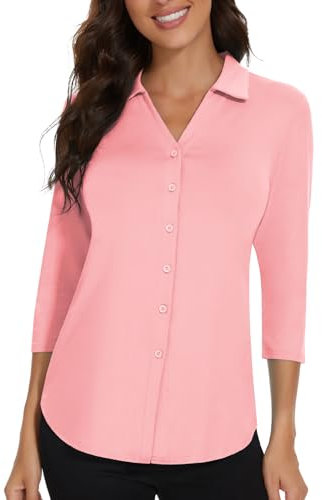 Soneven Camicetta da donna, elegante, scollo a V, con colletto, polo da donna, a maniche lunghe, da golf, estiva, traspirante,, Colore: rosa., XS