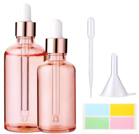 Hyber&Cara Rose Gold Glass Bottle with Glass Pipette, 50ml 100ml Dropper Bottles Refillable for Essential Oil Aromatherapy Blends