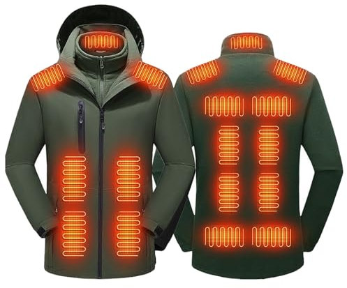 TOVCHEI Beheizte Jacke Für Männer Frauen wasserdichte Softshell-Jacke 3-In-1 Heizjacke Mit Abnehmbarem Fleecemantel Und Kapuze,Grün,L