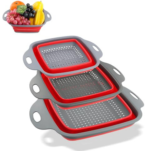 YILANJIN Colador de Cocina, 3 Piezas Coladores Cocina Canasta de Frutas Portátil con Asas, Colador Plegable de Silicona para Cocina, Cestas de Filtro Plegables para Verduras, Frutas, Camping (Rojo)