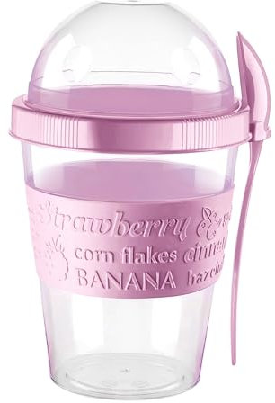 4All Reusable Yogurt Pots 600ml With Spoon Cereal Storage Containers With Lid Airtight Overnight Oats Jar BPA Free Breakfast Cup Cereal On The Go Dishwasher Safe (Lilac Pink)