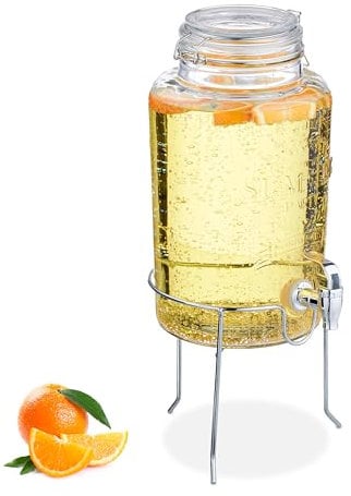 Relaxdays Dispensador Bebidas con Soporte, Recipiente Limonada 5 L, Grifo, Cierre de Pinza, Cristal, Transparente