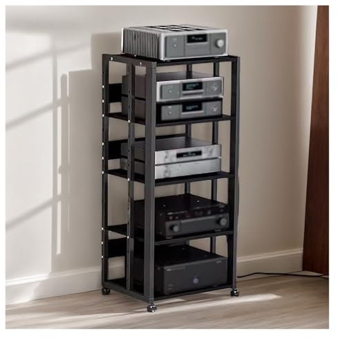 HiFi Rack 5 Tier Corner Media Storage Tower Rack, Movable Audio Video Shelving Record Player CD DVD Cabinet Furniture Unit Game Equipment Console Entertainment Center Shelf For Home/Office/Theater/Clu