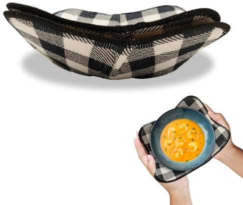 Set of 2 Microwave Bowl Cloth Hot Pads with Black and White in A Cage - Pot Holder or Microwavable Bowl Cozies - Protector for Heat Soup or Food Meals - Multipurpose Heat Resistant Plate Holders