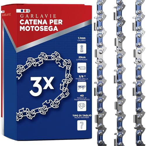 Set 3 catene motosega 25 cm – 3/8 LP, 1,1 mm, 40 maglie – Catena compatibile con Makita DUC254, Oregon 90PX040X, Einhell, Worx, Parkside e altri modelli da 10 pollici