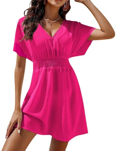 Satohom Womens Midi Summer Solid Relaxed Comfort Dresses Pleated Waist V-Neck Wrap Versatile Dress Chiffon Ruffle Short Sleeve Cute Beach Tie Waist Dresses Lady Trendy Tunic Casual Dress Rose Red
